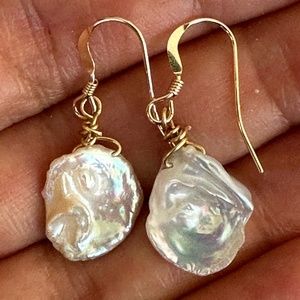 White Keshi Pearl Earrings - 14K Yellow Gold Filled Ear wires